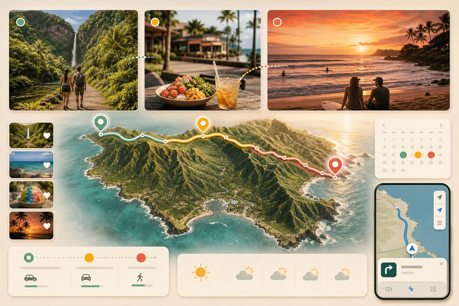 Oʻahu discoveries becoming a timed day with saved places, weather, route planning, calendar, and directions
