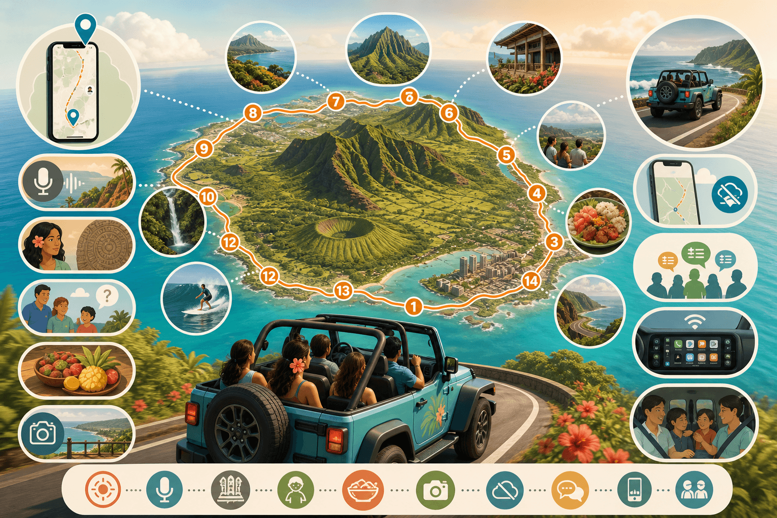Fourteen Grand Circle chapters connected with automatic GPS narration, trivia, food, photo stops, offline routing, and family features