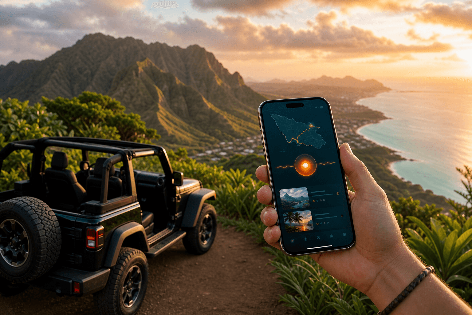 A traveler using an intelligent Oʻahu trip companion at a mountain overlook
