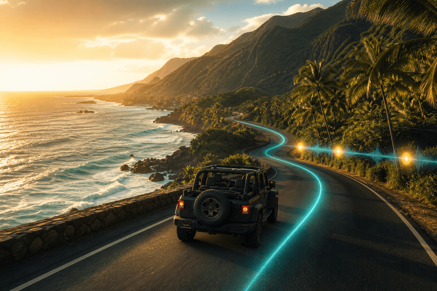 An open-top Jeep following an automatic GPS story route on the Oʻahu coast