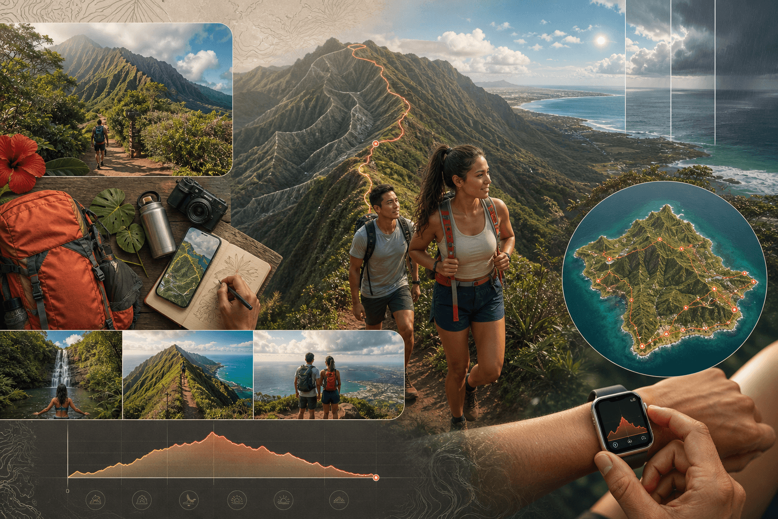 Oʻahu hikers using route, elevation, weather, terrain, waterfall, and fitness intelligence to prepare for a ridge trail