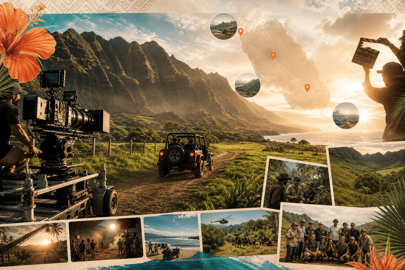 A cinematic Oʻahu production landscape with a film camera, Jeep route, filming locations, behind-the-scenes frames, and production galleries