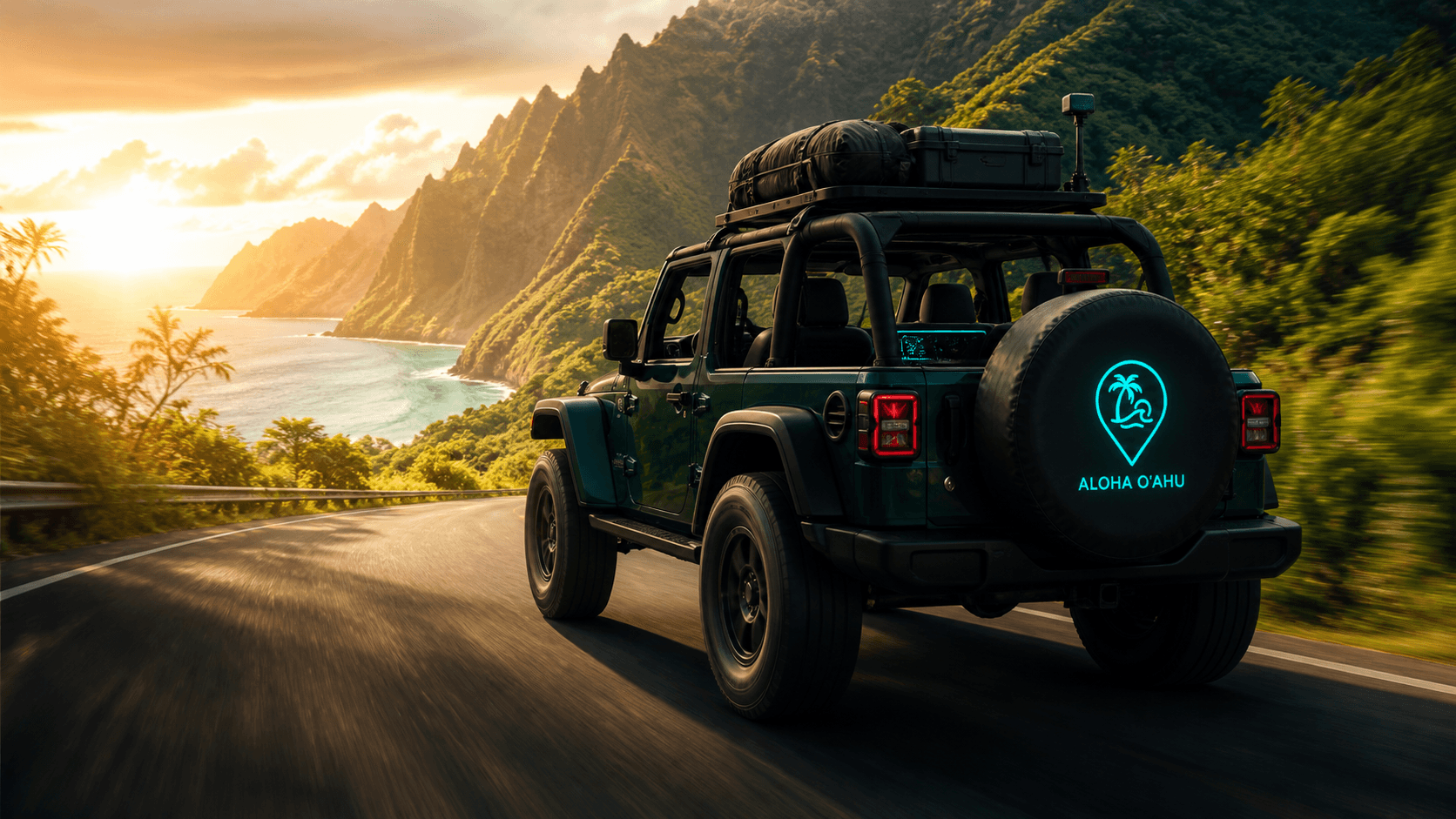 Aloha Oʻahu technology-equipped Jeep driving the windward coast at sunrise