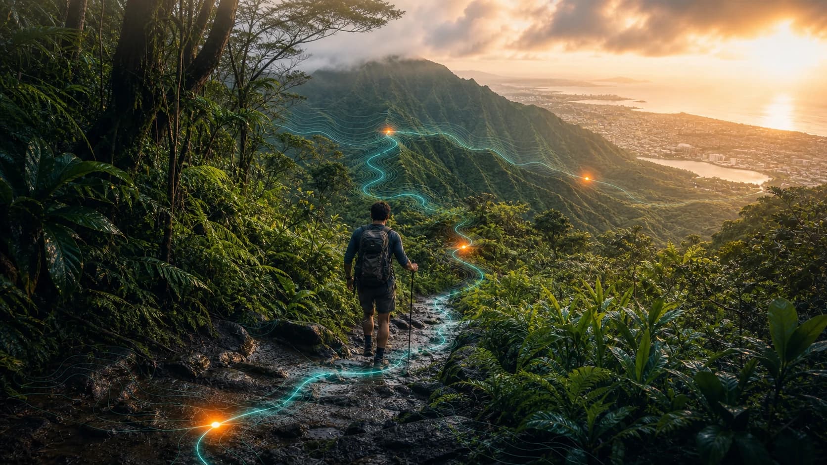 A cinematic Oʻahu ridgeline trail with live hiking intelligence