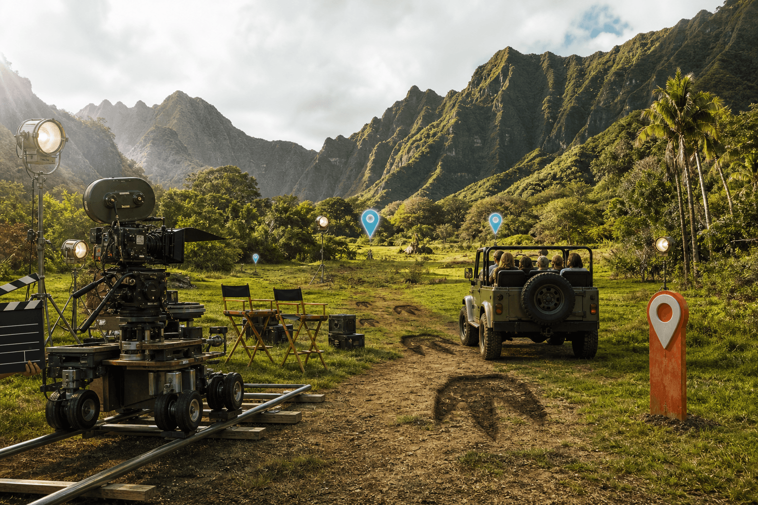 A cinematic Oʻahu movie location with a camera crew, production Jeep, filming markers, and playful dinosaur-trail trivia