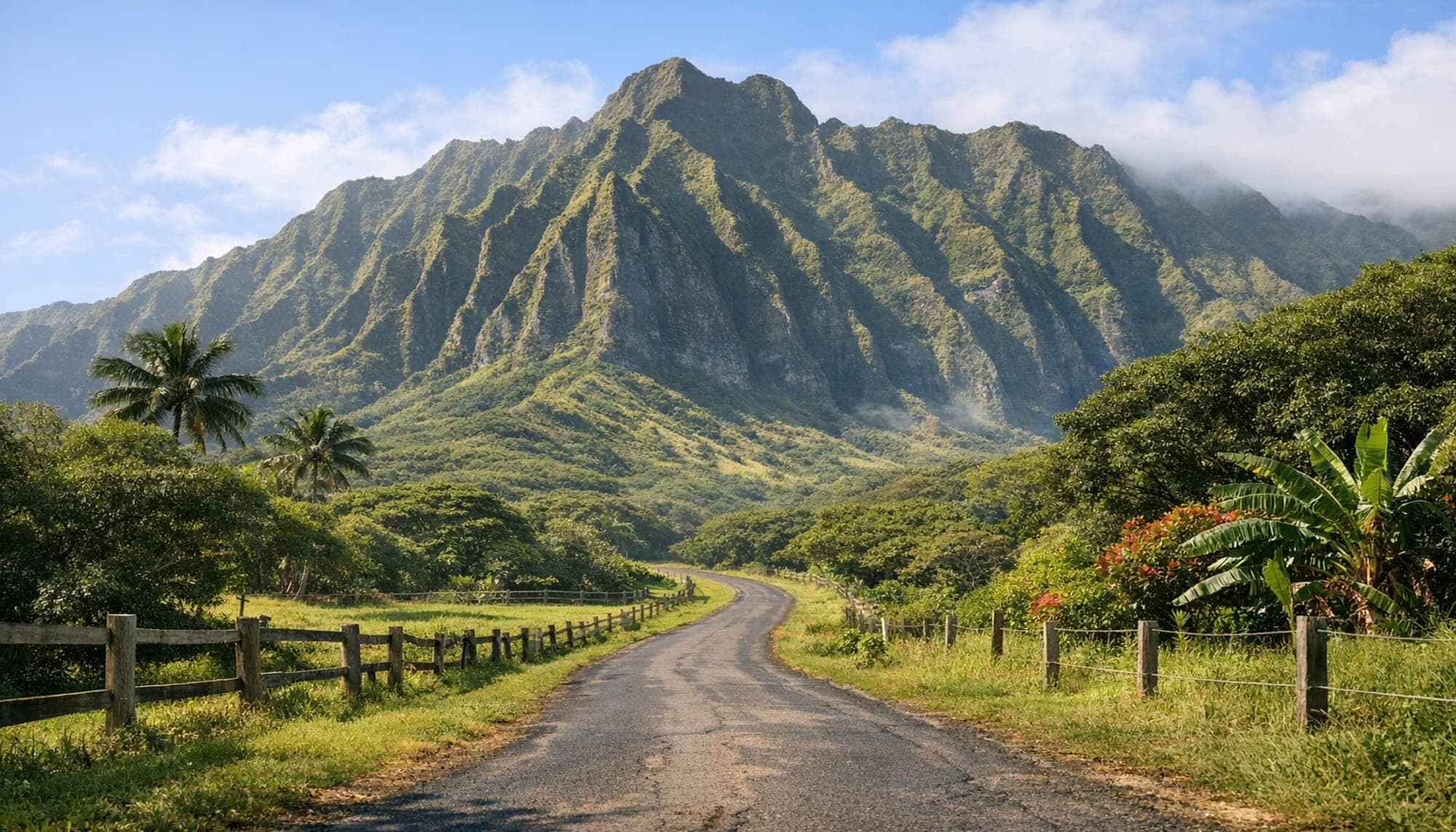 オアフ島の緑の山々の下、クアロア・ランチへ続く南国の道
